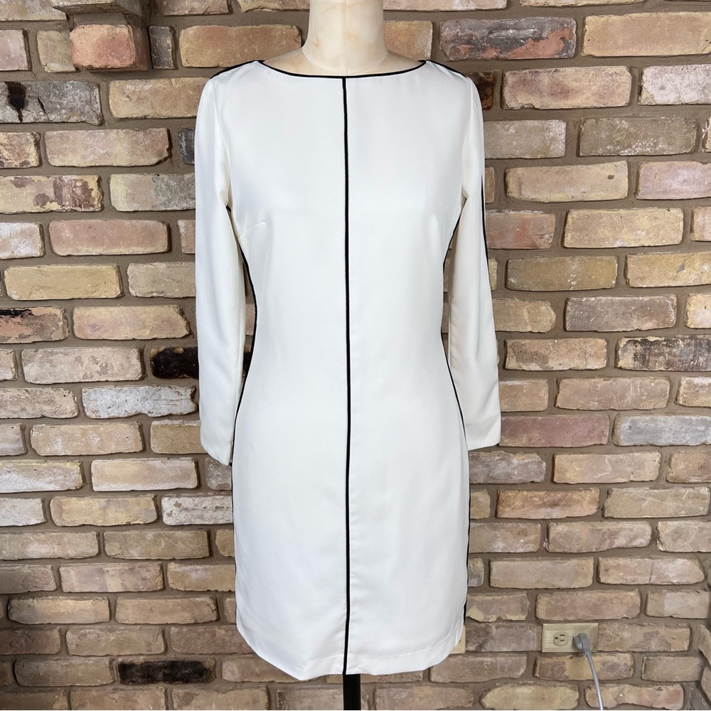 RAQUEL OROZCO white long sleeve sheath dress with contrast black piping